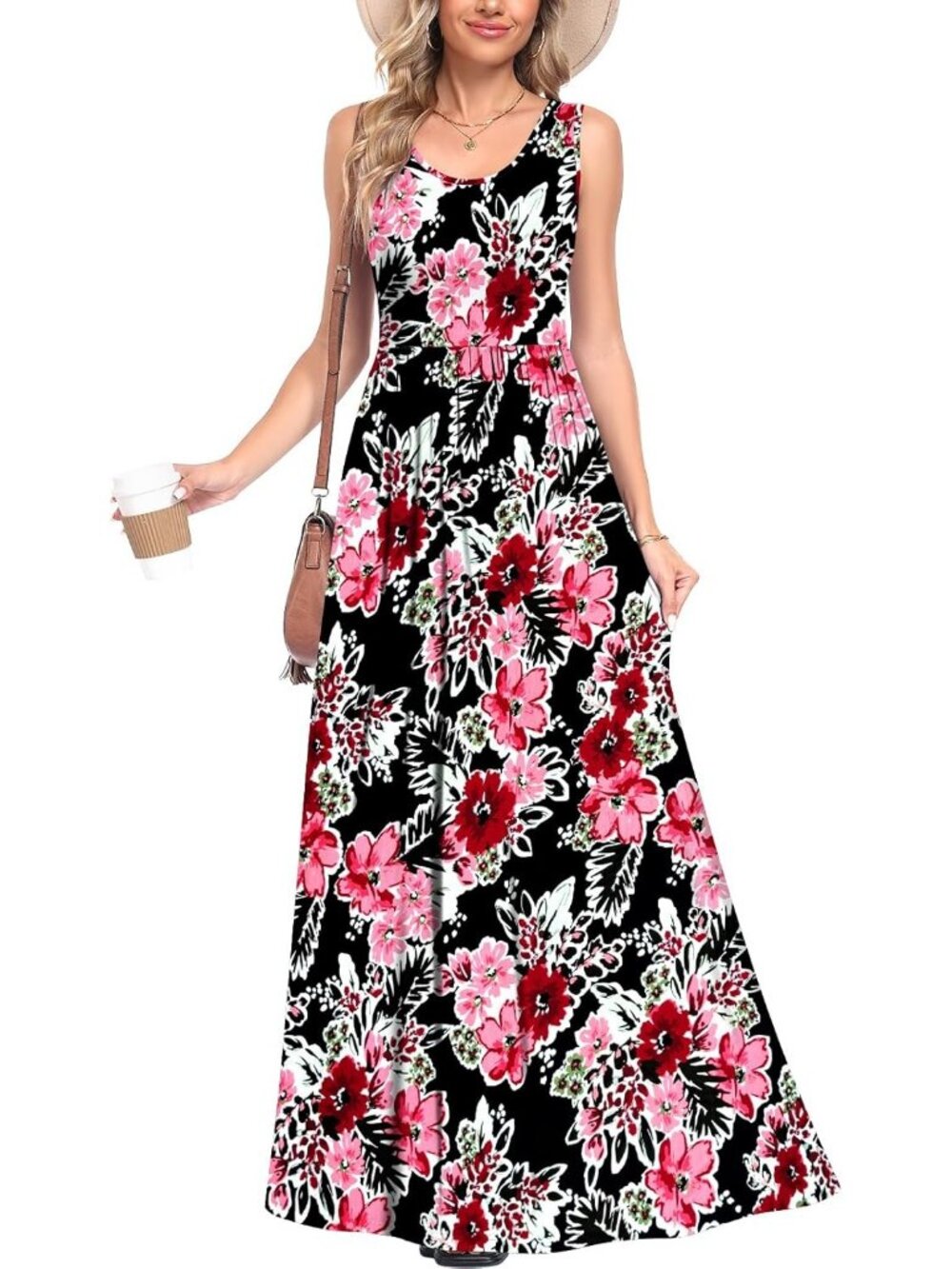 Women's Black White Crabapple Sleeveless Flowy Casual Beach Stylish Maxi Dress